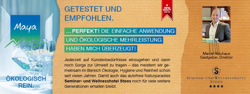 Marcel Neuhaus Gastgeber, Direktor Jederzeit auf Kundenbedürfnisse einzugehen und dann noch Sorge zur Umwelt zu tragen - das meistern wir gemeinsam im Bereich Ökologie, Hygiene und Reinheit schon seit vielen Jahren. Damit auch das autofreie Naturparadies Seminar- und Wellnesshotel Stoos noch für viele weitere Generationen erhalten bleibt.