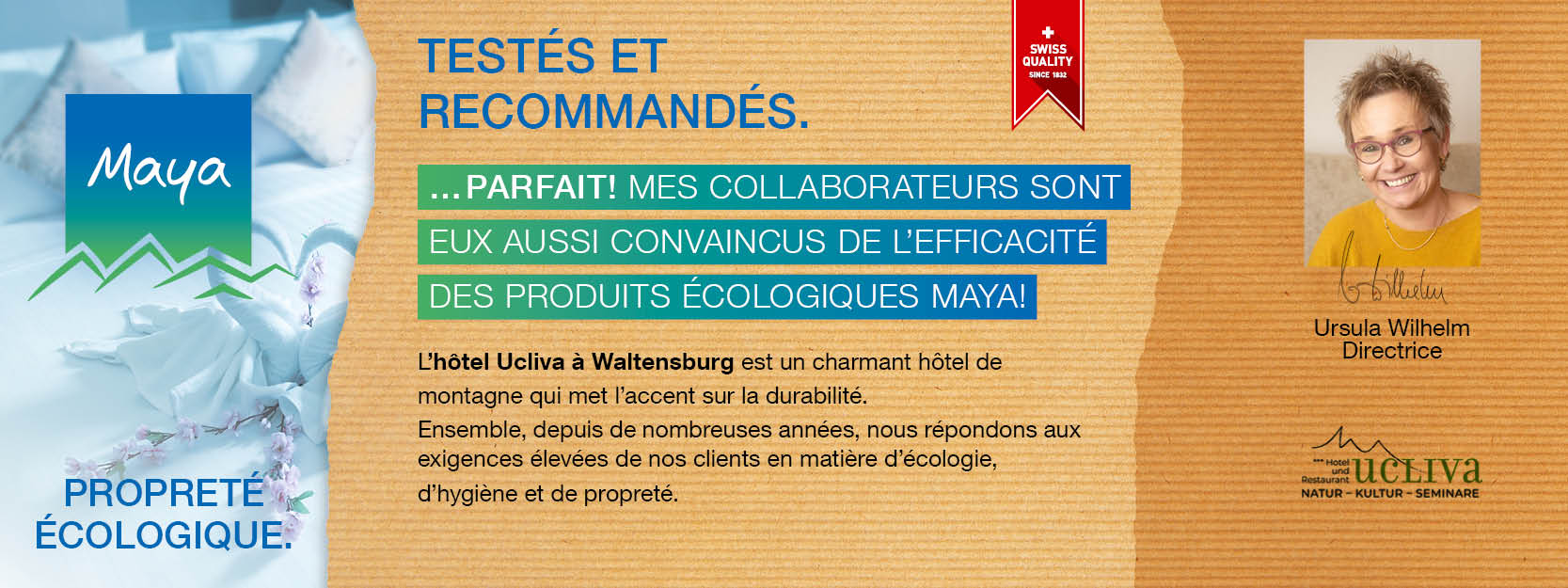 Ursula Wilhelm Directrice L’hôtel Ucliva à Waltensburg est un charmant hôtel de montagne qui met l’accent sur la durabilité. Ensemble, depuis de nombreuses années, nous répondons aux exigences élevées de nos clients en matière d’écologie, d’hygiène et de propreté.