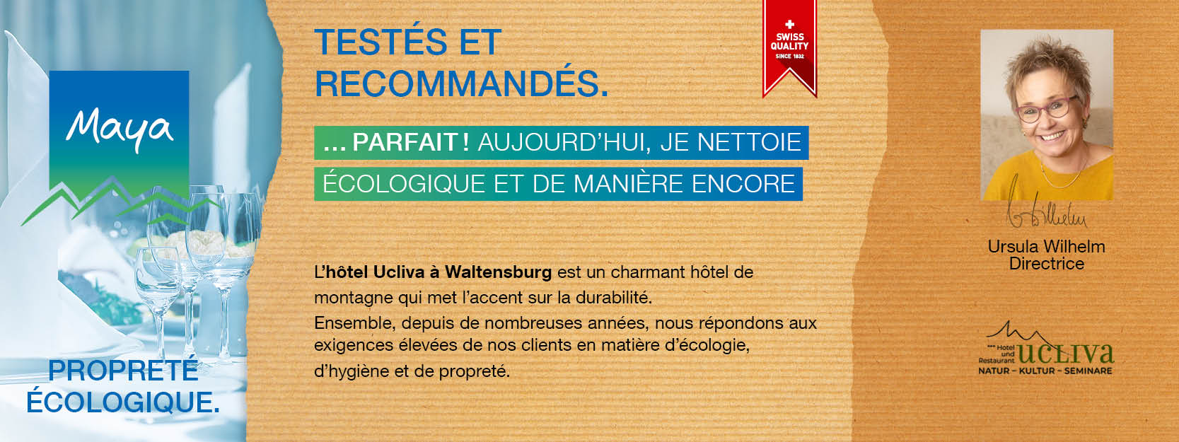 Ursula Wilhelm Directrice L’hôtel Ucliva à Waltensburg est un charmant hôtel de montagne qui met l’accent sur la durabilité. Ensemble, depuis de nombreuses années, nous répondons aux exigences élevées de nos clients en matière d’écologie, d’hygiène et de propreté.