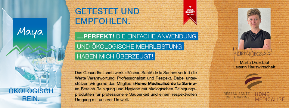 Marta Drozdziol Leiterin Hauswirtschaft Das Gesundheitsnetzwerk «Réseau Santé de la Sarine» vertritt die Werte Verantwortung, Professionalität und Respekt. Dabei unterstützen wir gerne das Mitglied «Home Médicalisé de la Sarine» im Bereich Reinigung und Hygiene mit ökologischen Reinigungsprodukten für professionelle Sauberkeit und einem respektvollen Umgang mit unserer Umwelt.