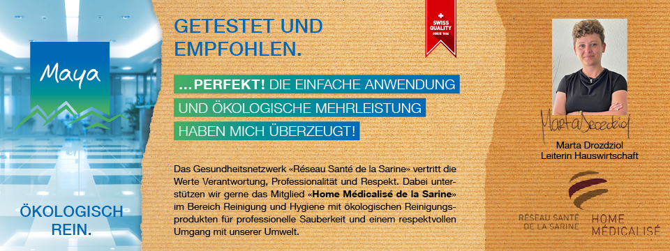 Marta Drozdziol Leiterin Hauswirtschaft Das Gesundheitsnetzwerk «Réseau Santé de la Sarine» vertritt die Werte Verantwortung, Professionalität und Respekt. Dabei unterstützen wir gerne das Mitglied «Home Médicalisé de la Sarine» im Bereich Reinigung und Hygiene mit ökologischen Reinigungsprodukten für professionelle Sauberkeit und einem respektvollen Umgang mit unserer Umwelt.
