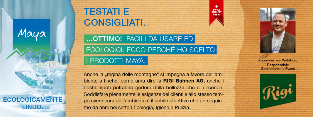 Alexander von Waldburg Responsabile  Gastronomia e Eventi Anche la „regina delle montagne“ si impegna a favore dell‘ambiente affinché, come ama dire la RIGI Bahnen AG, anche i nostri nipoti potranno godere della bellezza che ci circonda. Soddisfare pienamente le esigenze dei clienti e allo stesso tempo avere cura dell‘ambiente è il nobile obiettivo che perseguiamo da anni nei settori Ecologia, Igiene e Pulizia.