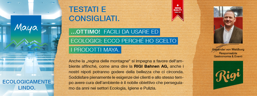 Alexander von Waldburg Responsabile  Gastronomia e Eventi Anche la „regina delle montagne“ si impegna a favore dell‘ambiente affinché, come ama dire la RIGI Bahnen AG, anche i nostri nipoti potranno godere della bellezza che ci circonda. Soddisfare pienamente le esigenze dei clienti e allo stesso tempo avere cura dell‘ambiente è il nobile obiettivo che perseguiamo da anni nei settori Ecologia, Igiene e Pulizia.