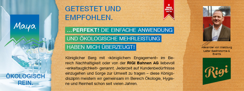 Alexander von Waldburg Leiter Gastronomie & Events Königlicher Berg mit «königlichem Engagement» im Bereich Nachhaltigkeit oder von der RIGI Bahnen AG liebevoll «enkeltauglichkeit» genannt. Jederzeit auf Kundenbedürfnisse einzugehen und Sorge zur Umwelt zu tragen – diese Königsdisziplin meistern wir gemeinsam im Bereich Ökologie, Hygiene und Reinheit schon seit vielen Jahren.