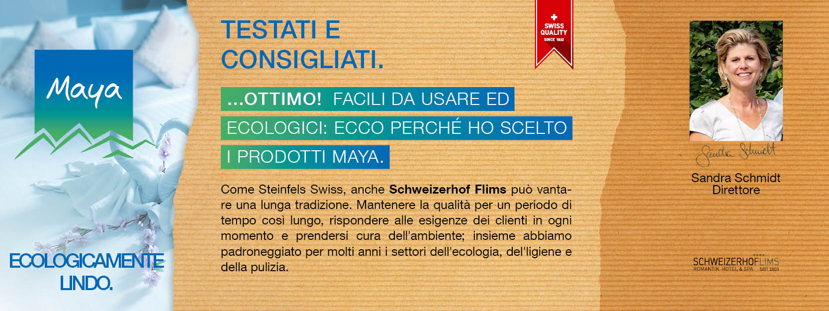 Sandra Schmidt Direttore Come Steinfels Swiss, anche Schweizerhof Flims può vantare una lunga tradizione. Mantenere la qualità per un periodo di tempo così lungo, rispondere alle esigenze dei clienti in ogni momento e prendersi cura dell'ambiente; insieme abbiamo padroneggiato per molti anni i settori dell'ecologia, del'ligiene e della pulizia.