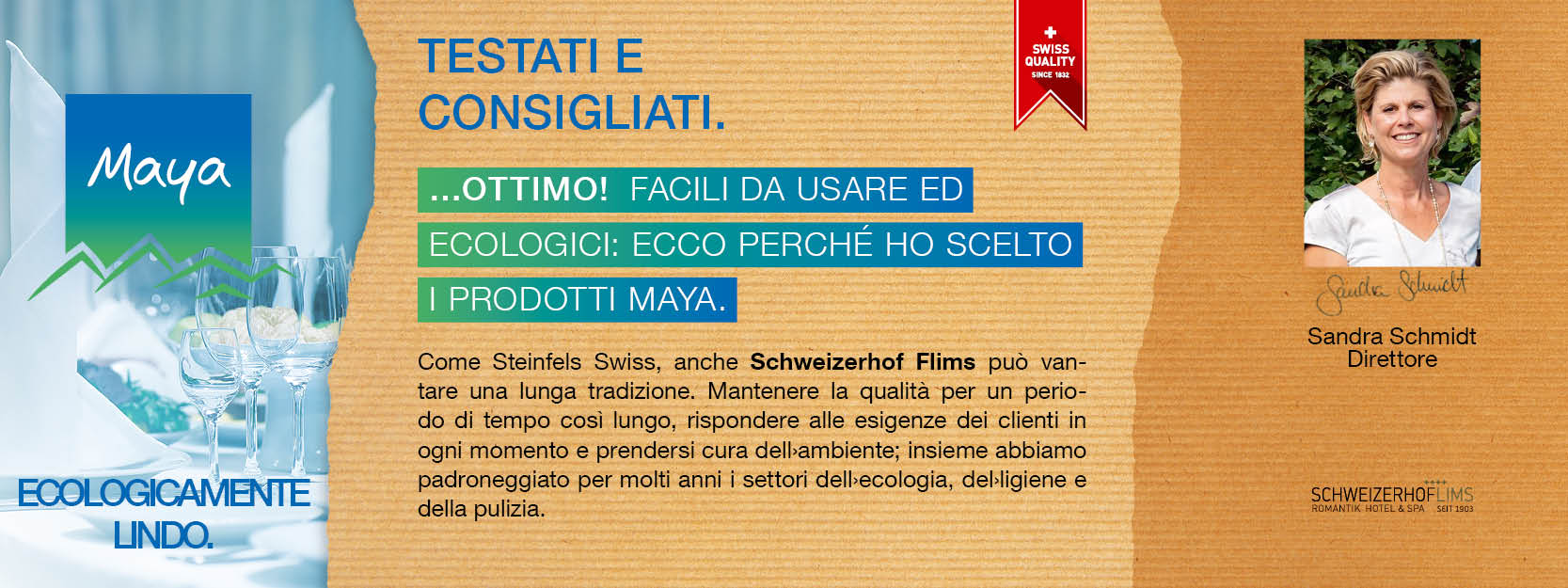 Sandra Schmidt Direttore Come Steinfels Swiss, anche Schweizerhof Flims può vantare una lunga tradizione. Mantenere la qualità per un periodo di tempo così lungo, rispondere alle esigenze dei clienti in ogni momento e prendersi cura dell'ambiente; insieme abbiamo padroneggiato per molti anni i settori dell'ecologia, del'ligiene e della pulizia.