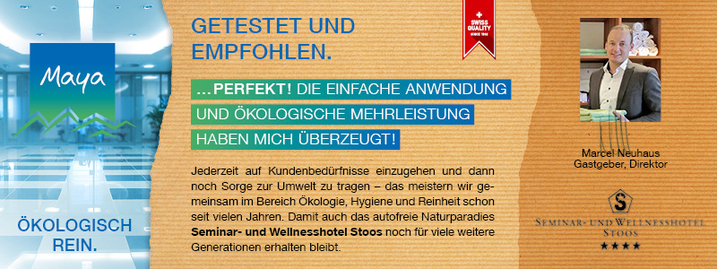 Marcel Neuhaus Gastgeber, Direktor Jederzeit auf Kundenbedürfnisse einzugehen und dann noch Sorge zur Umwelt zu tragen - das meistern wir gemeinsam im Bereich Ökologie, Hygiene und Reinheit schon seit vielen Jahren. Damit auch das autofreie Naturparadies Seminar- und Wellnesshotel Stoos noch für viele weitere Generationen erhalten bleibt.