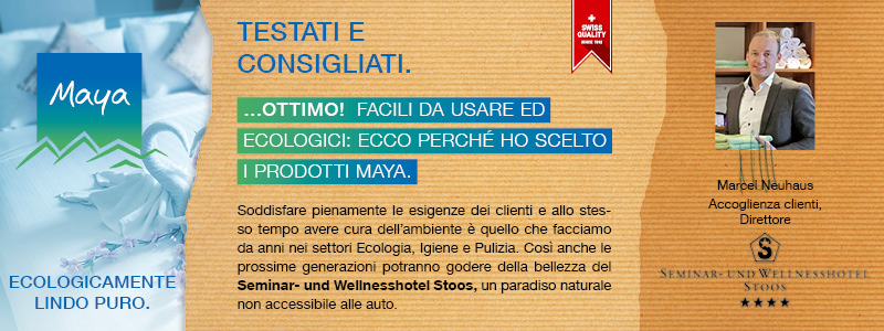 Marcel Neuhaus Accoglienza clienti, Direttore Soddisfare pienamente le esigenze dei clienti e allo stesso tempo avere cura dell’ambiente è quello che facciamo da anni nei settori Ecologia, Igiene e Pulizia. Così anche le prossime generazioni potranno godere della bellezza del Seminar- und Wellnesshotel Stoos, un paradiso naturale non accessibile alle auto.