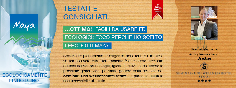 Marcel Neuhaus Accoglienza clienti, Direttore Soddisfare pienamente le esigenze dei clienti e allo stesso tempo avere cura dell’ambiente è quello che facciamo da anni nei settori Ecologia, Igiene e Pulizia. Così anche le prossime generazioni potranno godere della bellezza del Seminar- und Wellnesshotel Stoos, un paradiso naturale non accessibile alle auto.