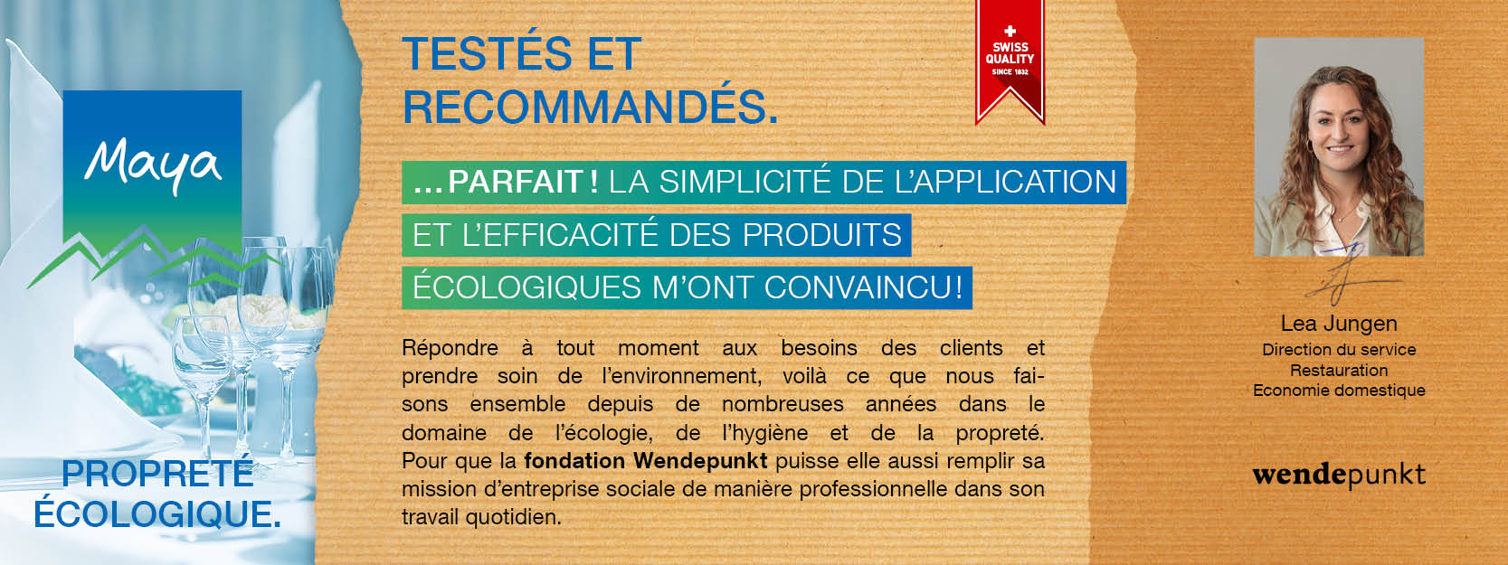 Lea Jungen Direction du service Restauration Economie domestique Répondre à tout moment aux besoins des clients et prendre soin de l’environnement, voilà ce que nous faisons ensemble depuis de nombreuses années dans le domaine de l’écologie, de l’hygiène et de la propreté. Pour que la fondation Wendepunkt puisse elle aussi remplir sa mission d’entreprise sociale de manière professionnelle dans son travail quotidien.