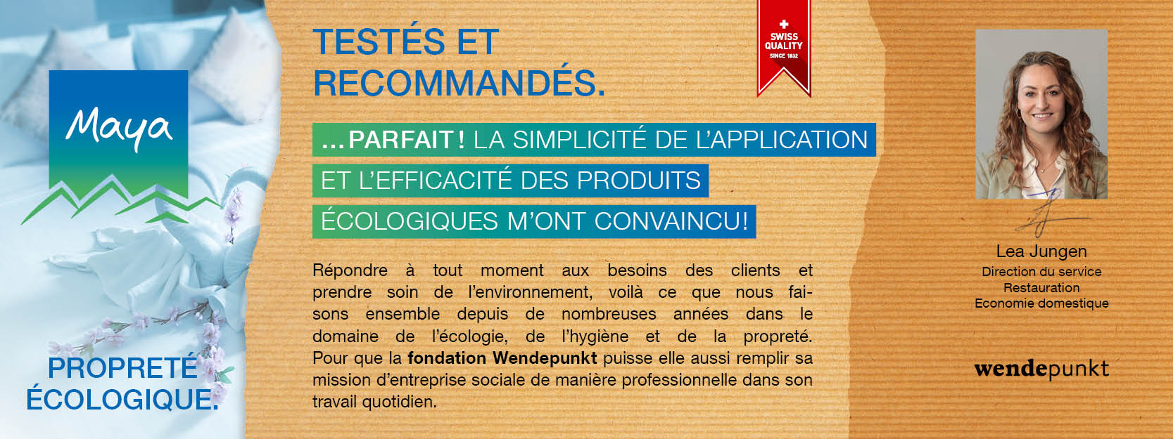 Lea Jungen Direction du service Restauration Economie domestique Répondre à tout moment aux besoins des clients et prendre soin de l’environnement, voilà ce que nous faisons ensemble depuis de nombreuses années dans le domaine de l’écologie, de l’hygiène et de la propreté. Pour que la fondation Wendepunkt puisse elle aussi remplir sa mission d’entreprise sociale de manière professionnelle dans son travail quotidien.