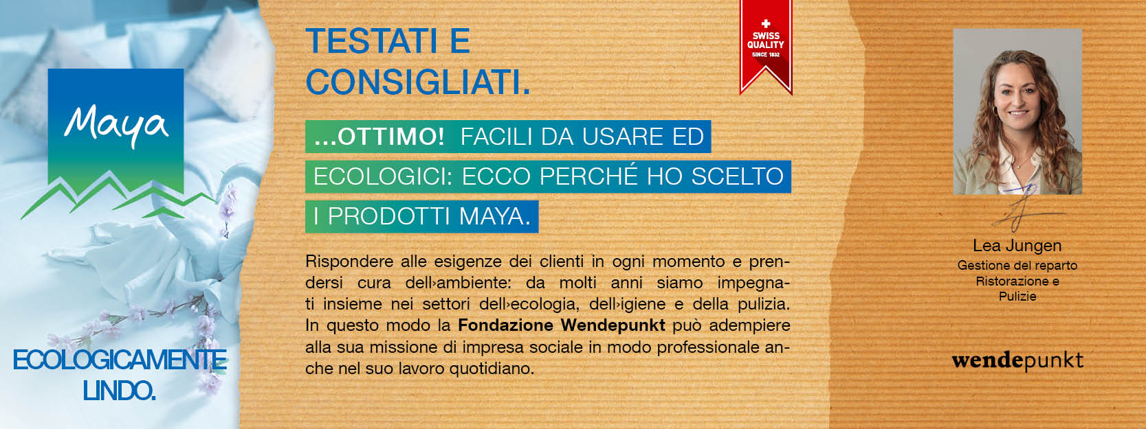 Lea Jungen Gestione del reparto Ristorazione e Pulizie Rispondere alle esigenze dei clienti in ogni momento e prendersi cura dell›ambiente: da molti anni siamo impegnati insieme nei settori dell›ecologia, dell›igiene e della pulizia. 
In questo modo la Fondazione Wendepunkt può adempiere alla sua missione di impresa sociale in modo professionale anche nel suo lavoro quotidiano.